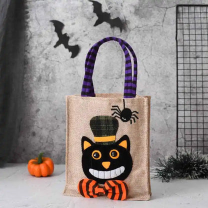 Black men's Halloween treat bag featuring a pumpkin, cat, witch, and skull design by Belro.