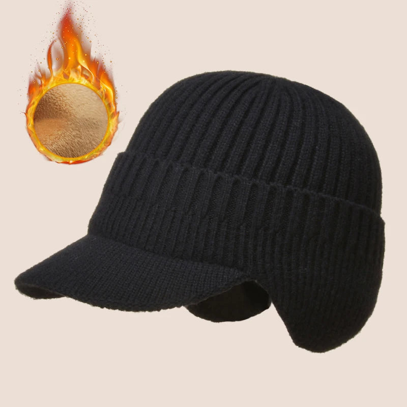Black men's knit ear cover winter hat by Belro, cozy winter accessory with ear flaps for warmth and comfort.