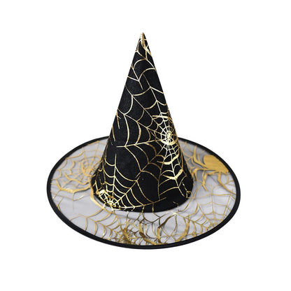 Colorful spider web witch hat from Belro Halloween costume with vibrant web patterns on black fabric.