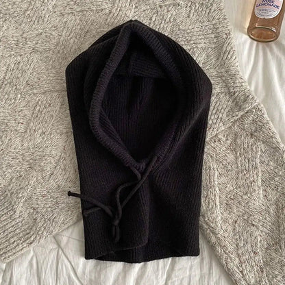 Black knitted Belro hooded balaclava hat with neck warmer, designed for warmth and outdoor wear.