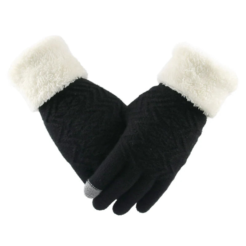 Black Belro plush lined touch screen knitted gloves showing the cozy knit texture and touchscreen fingertips.