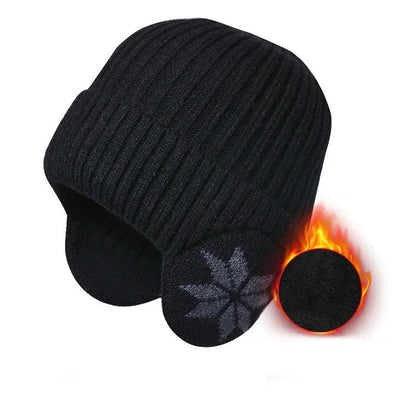 Black Belro unisex winter knit beanie with ear protection, cozy hat for cold weather and outdoor activities.