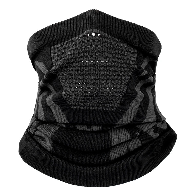 Black and gray breathable thermal face mask and neck gaiter by Belro, made for warmth and comfort in cold weather.