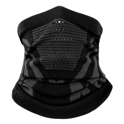 Black and gray breathable thermal face mask and neck gaiter by Belro, made for warmth and comfort in cold weather.