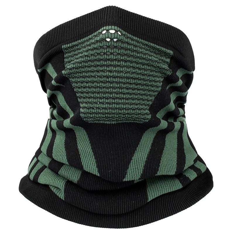 Black and green Belro breathable thermal face mask and neck gaiter, made of lightweight, comfortable clothing fabric.