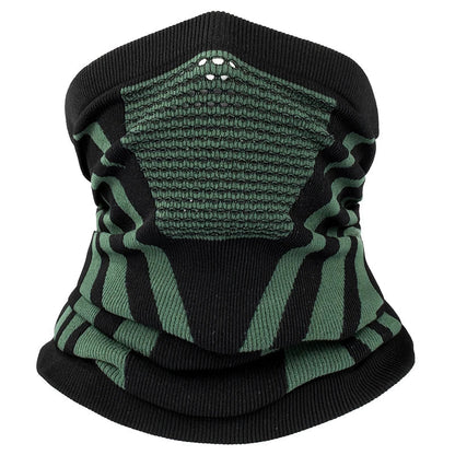 Black and green Belro breathable thermal face mask and neck gaiter, made of lightweight, comfortable clothing fabric.