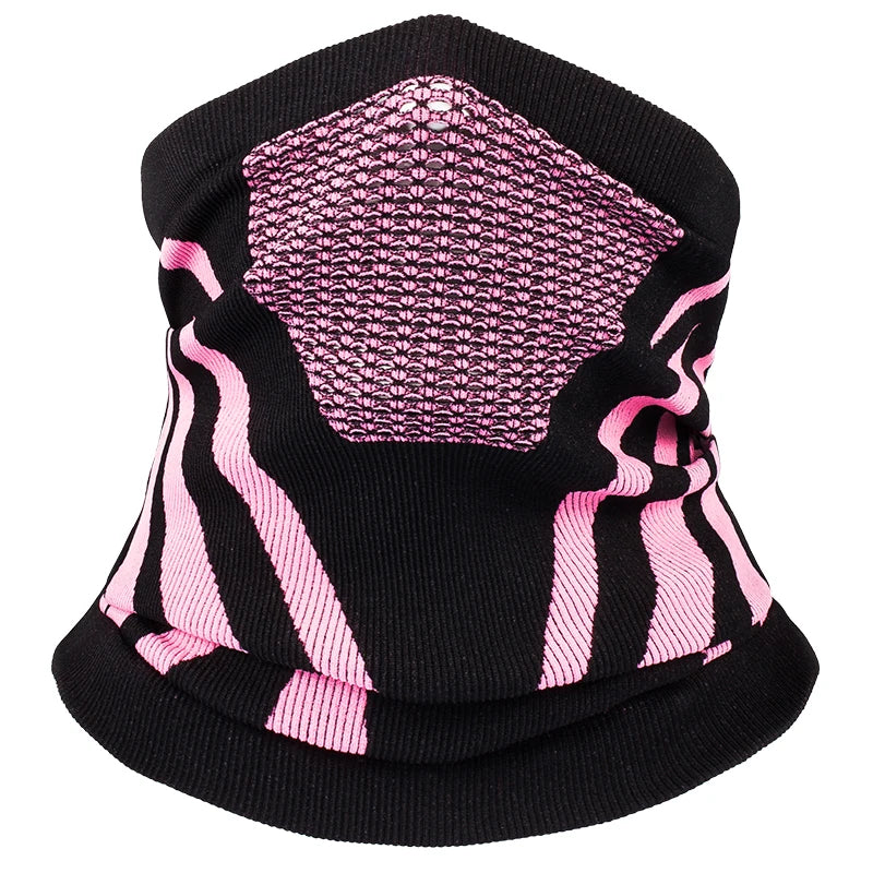 Black and pink breathable thermal face mask and neck gaiter by Belro, made of soft, stretchy clothing fabric for comfort and warmth.
