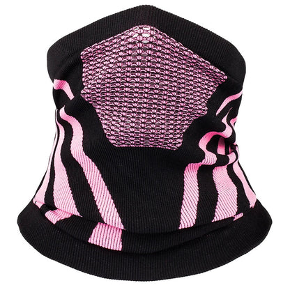 Black and pink breathable thermal face mask and neck gaiter by Belro, made of soft, stretchy clothing fabric for comfort and warmth.