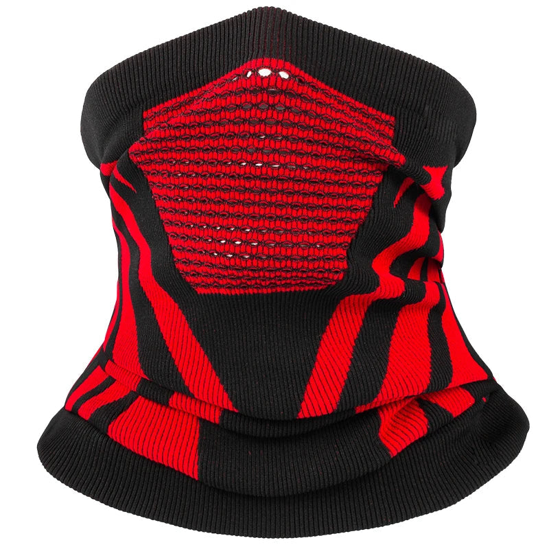 Belro breathable thermal face mask and neck gaiter in black and red, designed for warmth and comfort in cold weather.