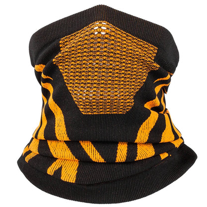Black and yellow breathable thermal face mask and neck gaiter by Belro, designed for comfort and warmth in cold weather.