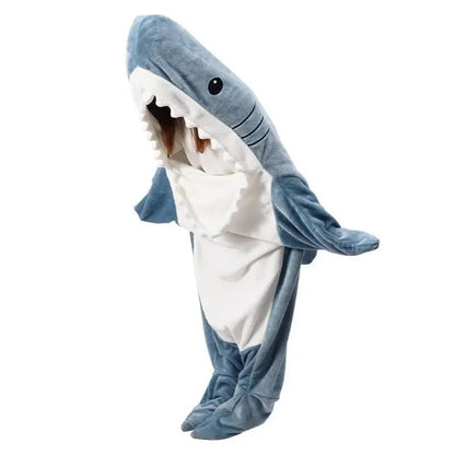 Belro soft flannel shark hoodie blanket in blue, cozy sleepwear with shark design for warmth and comfort.