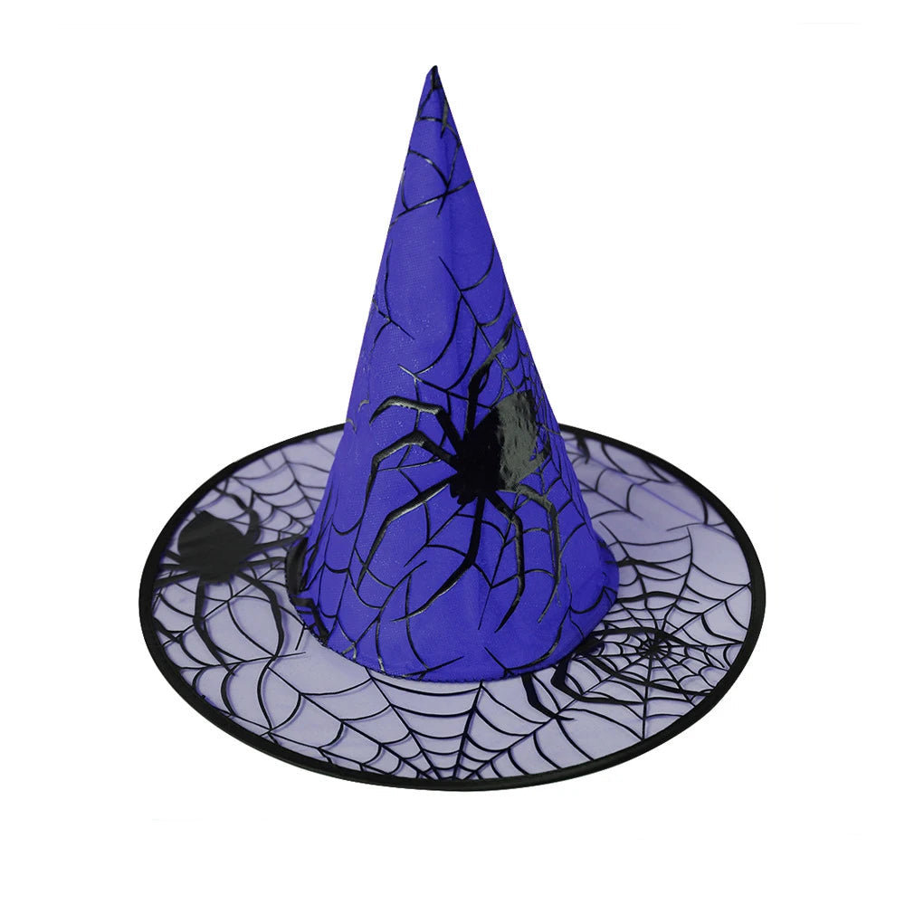 Blue Spider Web Witch Hat from Belro Halloween costume, featuring colorful web and pointed witch style for festive dress-up.