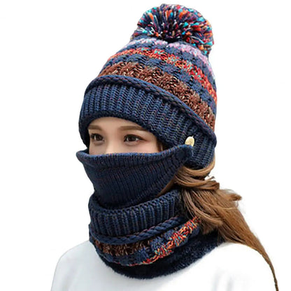 Blue knitted hat and scarf set with velvet lining, winter accessories by Belro, featuring cozy, warm knitwear for cold weather.
