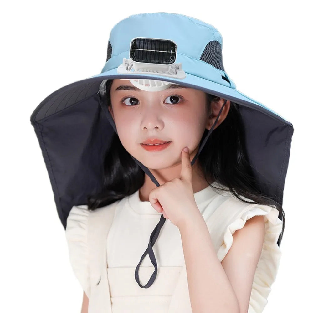 Blue adjustable kids solar fan hat by Belro, lightweight sun hat with built-in solar-powered fan for outdoor protection.