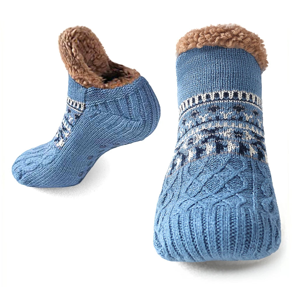 Blue knitted slipper socks with fleece lining from Belro, cozy and warm footwear for cold days.