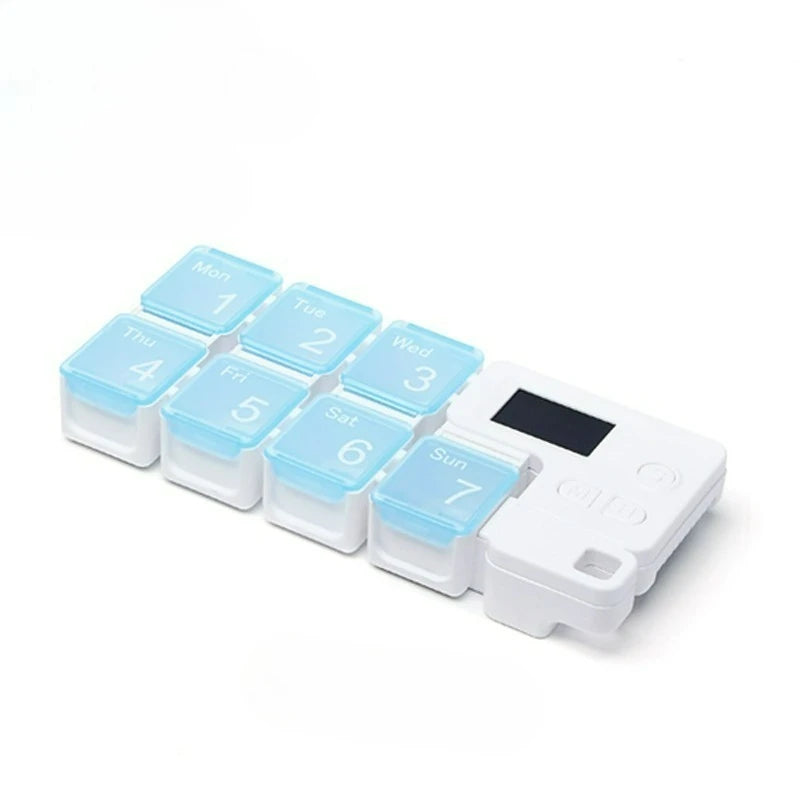 Blue Belro Smart Electronic Weekly Pill Organizer with 7 grids for daily medication management in health and beauty.