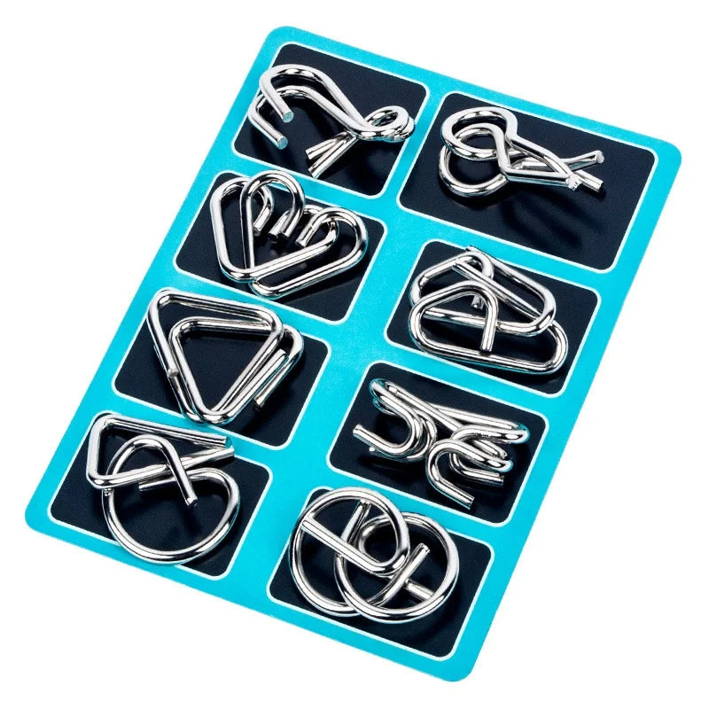 Set of 8 blue metal puzzle rings by Belro, brain teaser toys for challenging and fun mental exercises.