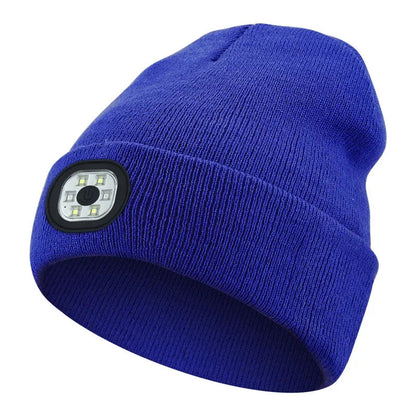 Blue Belro rechargeable LED beanie hat with built-in flashlight for winter warmth and hands-free lighting.