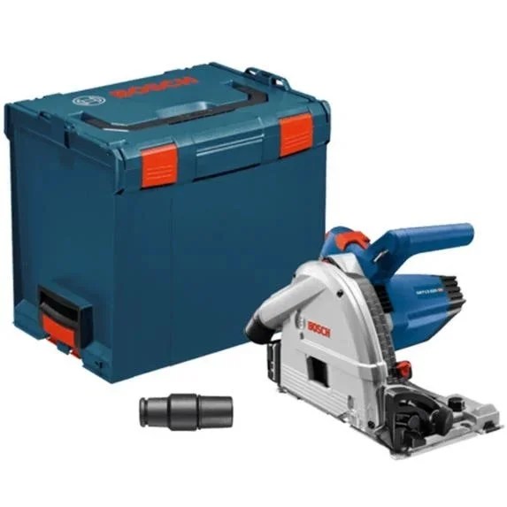 Bosch GKT13-225L track saw with plunge action and carrying case, featuring a sleek design and precision cutting components.
