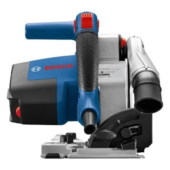 Bosch GKT13-225L track saw with plunge action and carrying case, showcasing the precision cutting tool for woodworking projects.
