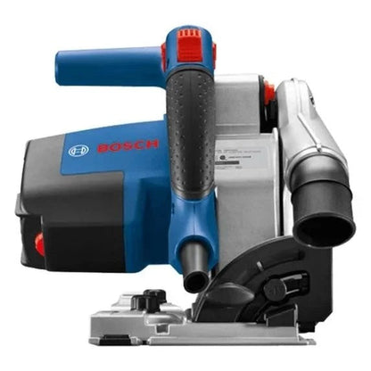 Bosch GKT13-225L track saw with plunge action and carrying case, showcasing the precision cutting tool for woodworking projects.