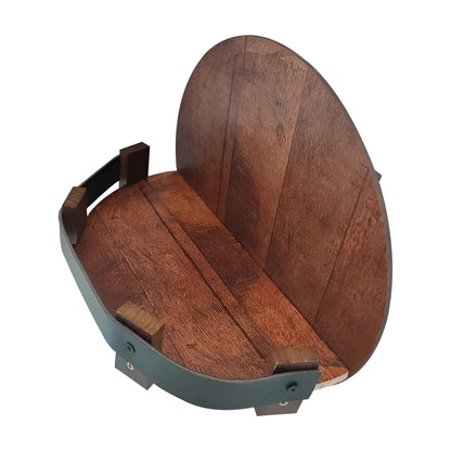 Rustic bourbon whiskey barrel shelf by Belro, perfect for home bar décor and rustic furniture display.