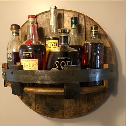 Rustic bourbon whiskey barrel shelf by Belro, ideal for home bar decor and rustic furniture accents.