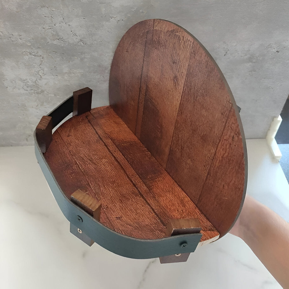 Rustic bourbon whiskey barrel shelf by Belro for home bar decor, made from reclaimed wood with metal accents.