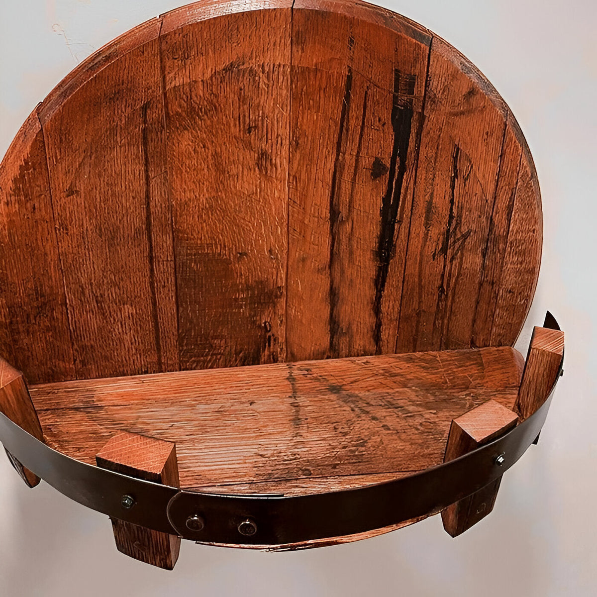 Rustic bourbon whiskey barrel shelf by Belro, made for home bar decor, featuring wooden barrel design for rustic furniture accents.