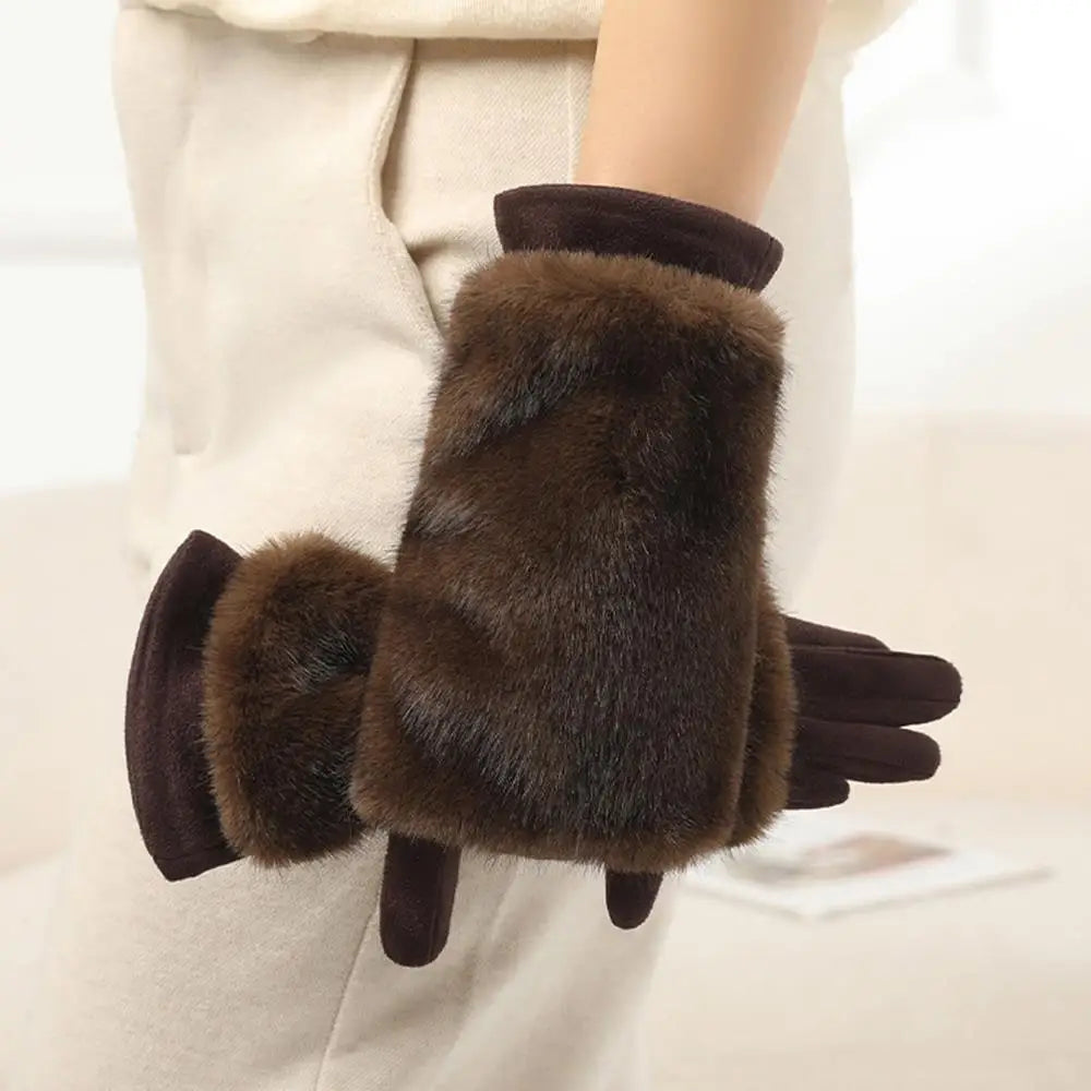 Belro suede rabbit fur touchscreen winter gloves in brown, stylish accessories with warm, soft suede and fur accents.