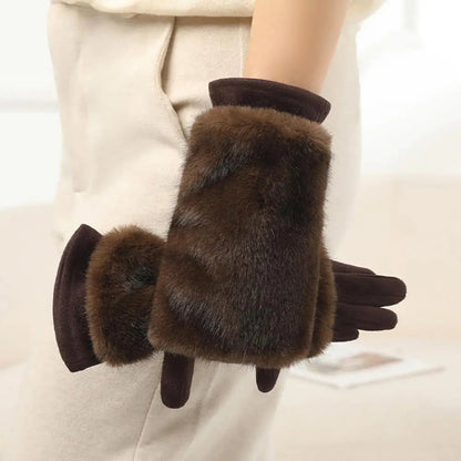 Belro suede rabbit fur touchscreen winter gloves in brown, stylish accessories with warm, soft suede and fur accents.