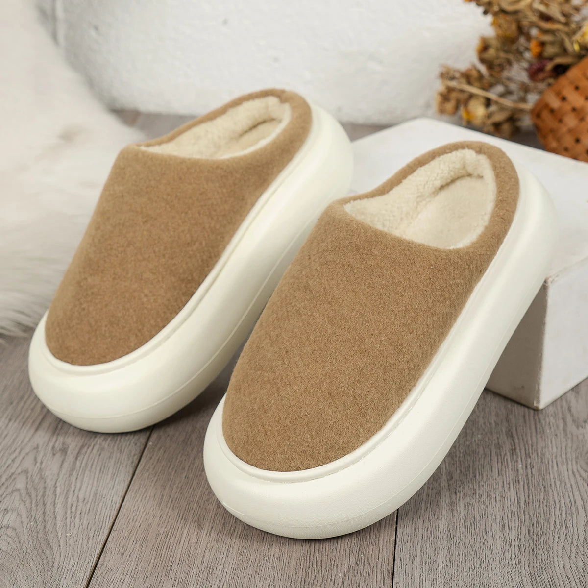 Belro warm plush indoor winter slippers for women in brown, cozy footwear with soft, plush lining for comfort and warmth.