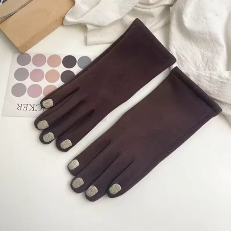 Belro touch screen winter gloves in brown with stylish nail polish design, perfect for cold weather and tech use.