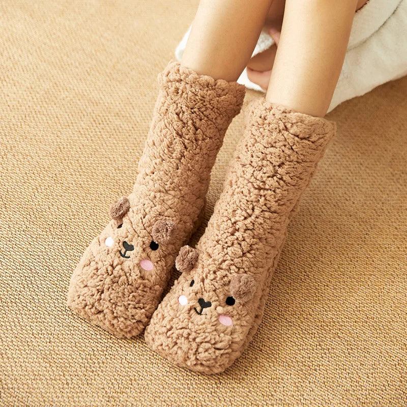 Brown Kawaii Bear fleece warm socks by Belro featuring adorable bear design and cozy fleece material for comfortable wear