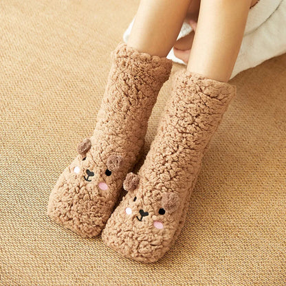 Brown Kawaii Bear fleece warm socks by Belro featuring adorable bear design and cozy fleece material for comfortable wear