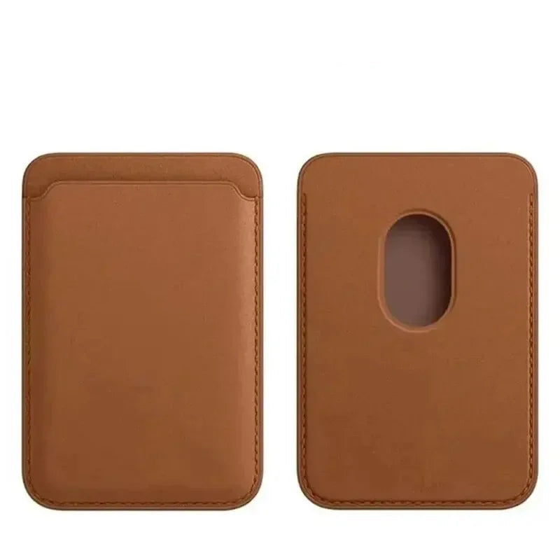 Brown Belro magnetic leather card holder wallet attached to an iPhone, featuring sleek design and multiple card slots.