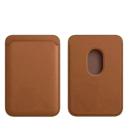 Brown Belro magnetic leather card holder wallet attached to an iPhone, featuring sleek design and multiple card slots.