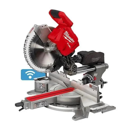 Milwaukee 18V Lithium-Ion brushless 12-inch cordless dual bevel sliding compound miter saw on a workbench.