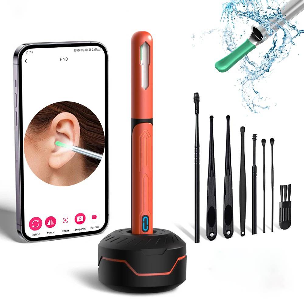 Belro ear cleaner with built-in camera, showing a close-up of the device and its camera lens for inspecting ear health.