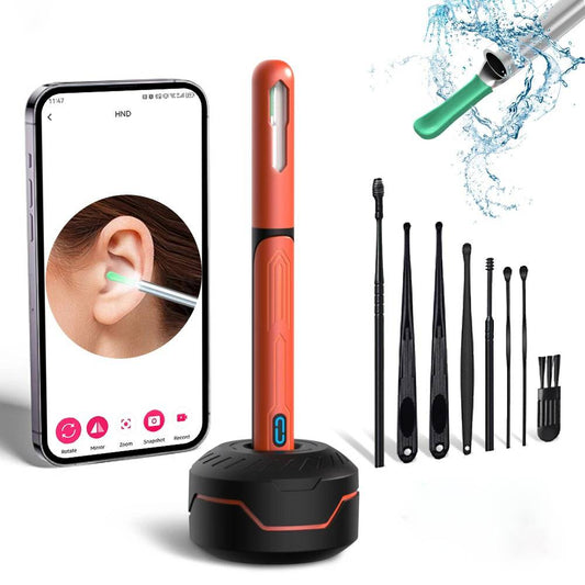 Belro ear cleaner with built-in camera, showing a close-up of the device and its camera lens for inspecting ear health.
