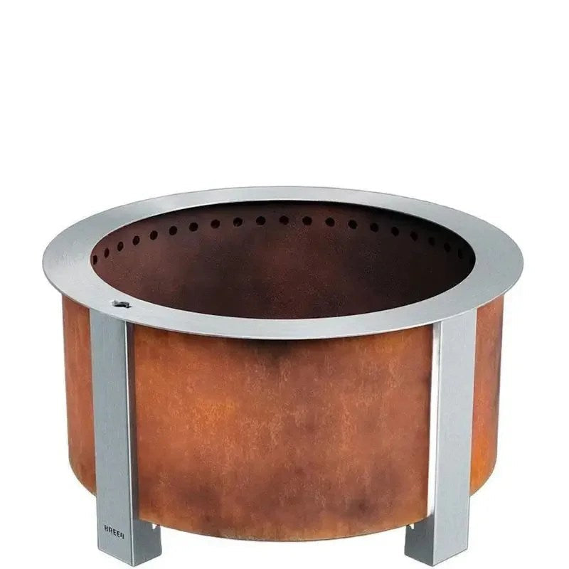Casavibeo X Series 28-inch round Cortens steel wood-burning fire pit in shiny stainless steel, with a sleek design and open top.