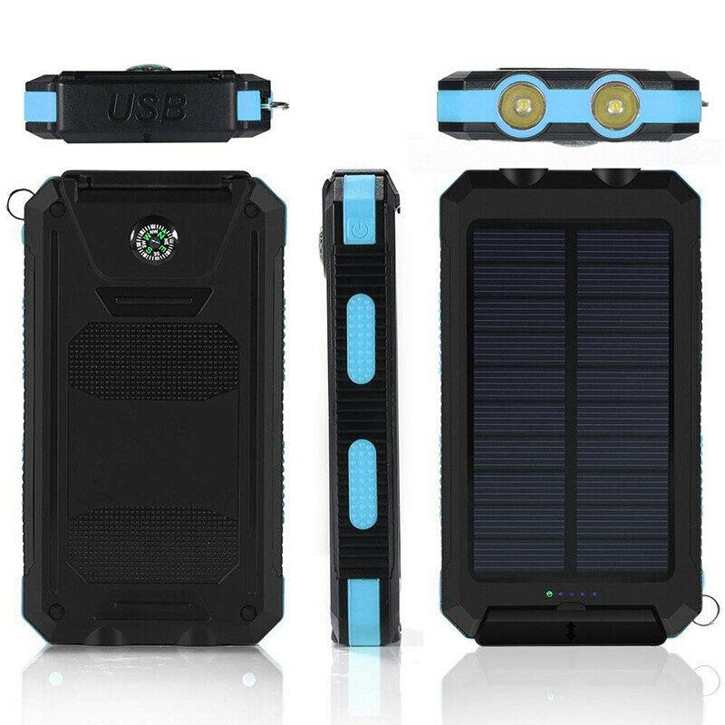Belro 500000mAh waterproof solar power bank with multiple USB ports and rugged design for outdoor charging.