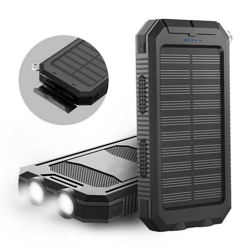 Belro 500000mAh waterproof solar power bank with multiple USB ports, outdoor-ready external rechargeable battery for electronics.
