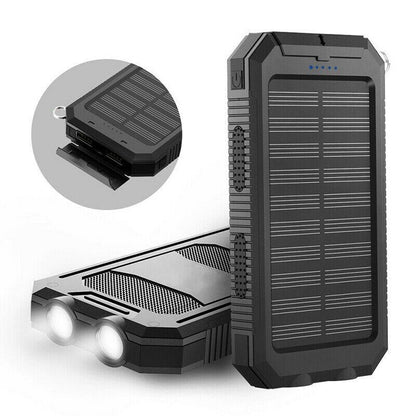 Belro 500000mAh waterproof solar power bank with multiple USB ports, outdoor-ready external rechargeable battery for electronics.