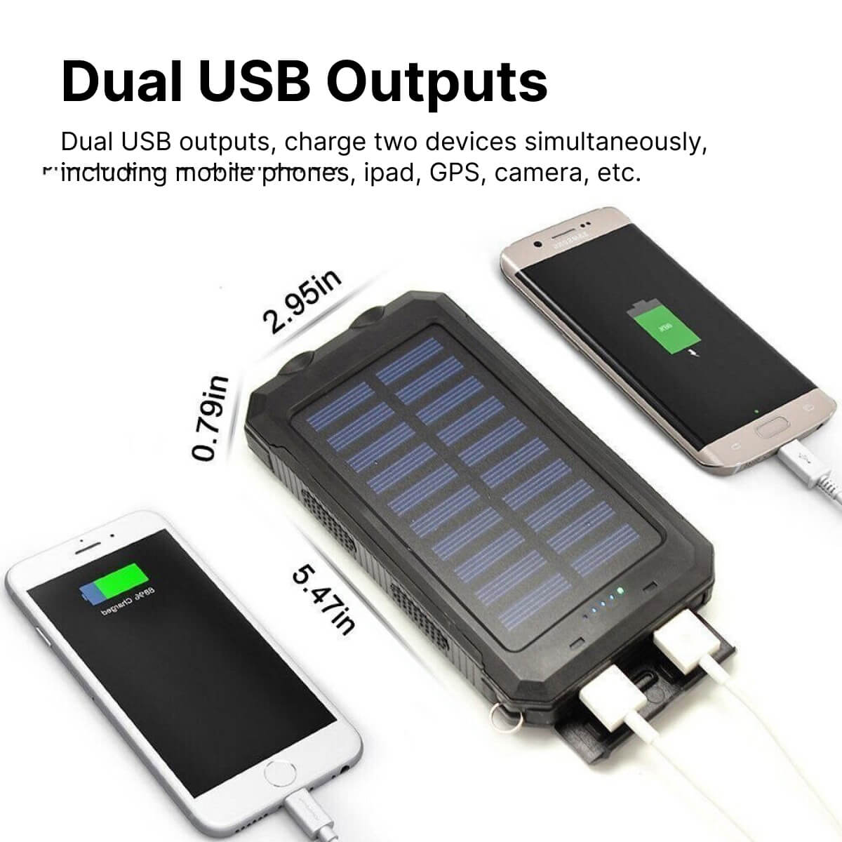Belro 500000mAh waterproof solar power bank with multiple USB ports, outdoor-ready external battery for charging devices.
