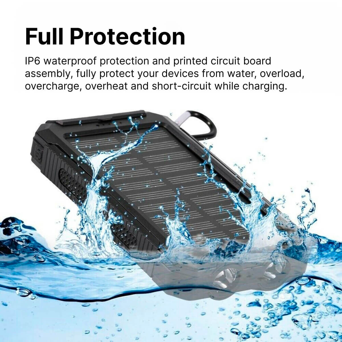 Belro 500000mAh waterproof solar power bank with USB ports, outdoor portable external charger for electronics and travel.