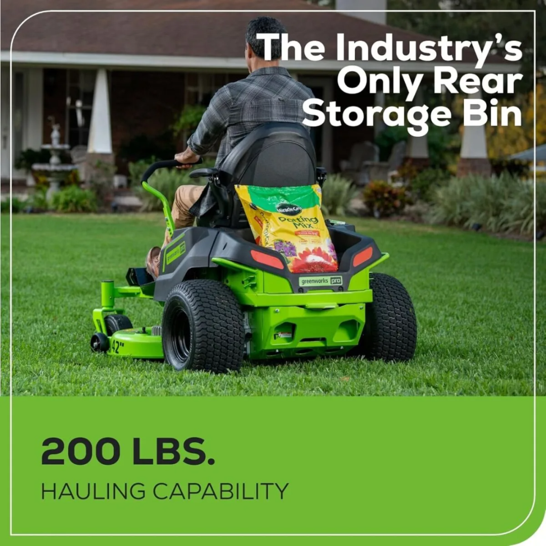 Greenworks 60V 42-inch cordless electric crossover zero-turn riding mower by Casavibeo, shown on a lawn with cutting deck and controls