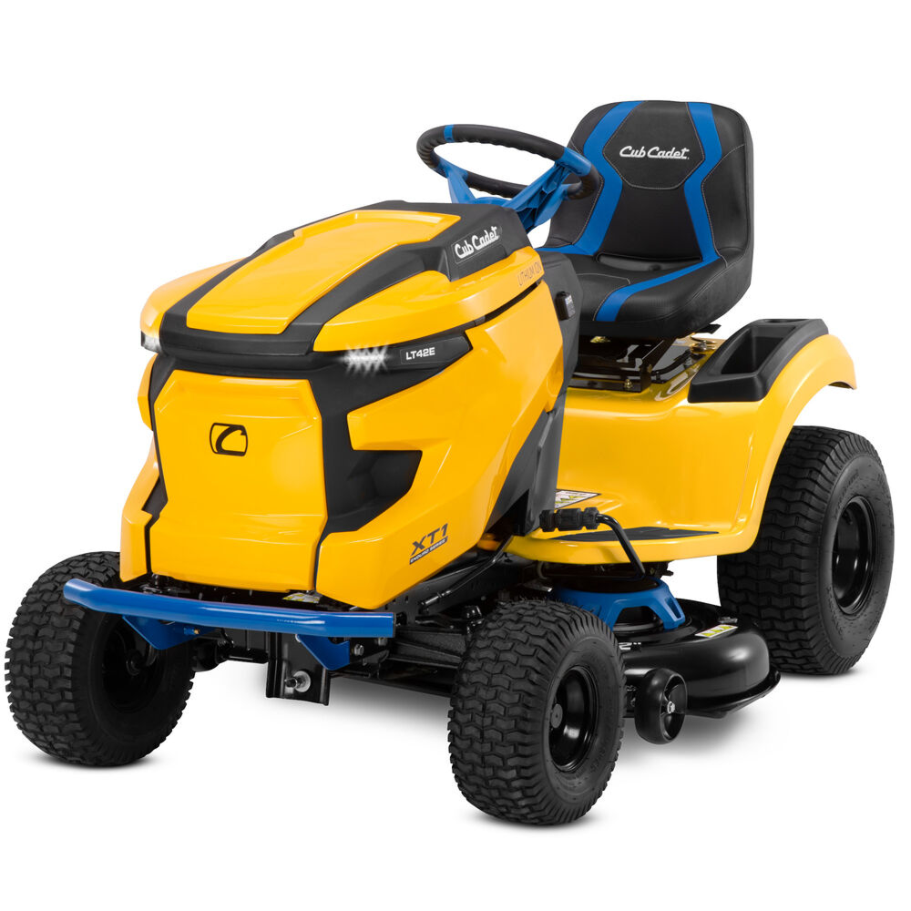 Casavibeo Cub Cadet XT1 LT42E electric lawn tractor with 42-inch cutting deck and sturdy construction, ready for outdoor mowing.