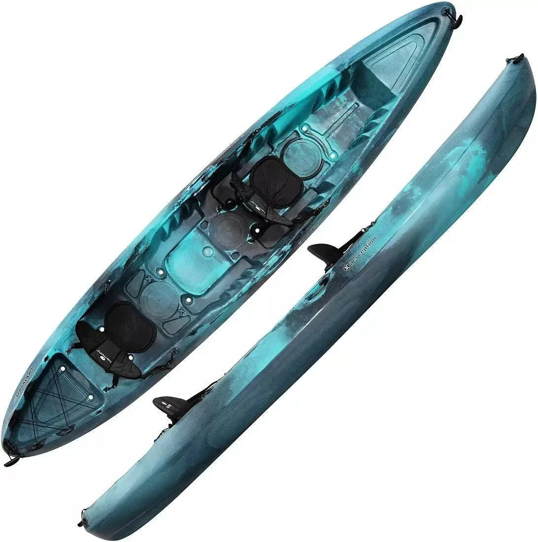 Casavibeo Perceptions Rambler Tandem Kayaks on water, showing double kayak with paddles, designed for outdoor water adventure.