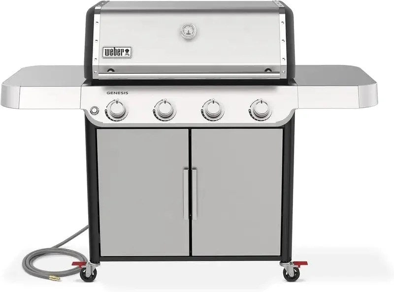 Casavibeo Weber Genesis S-415 natural gas grill with four burners, stainless steel lid, and side shelves for outdoor cooking.